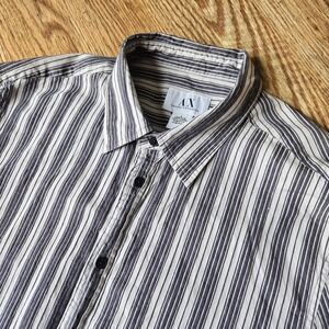 AX Armani Exchange Shirt Mens L White Blue Striped 100%‎ Cotton Dress Button Up